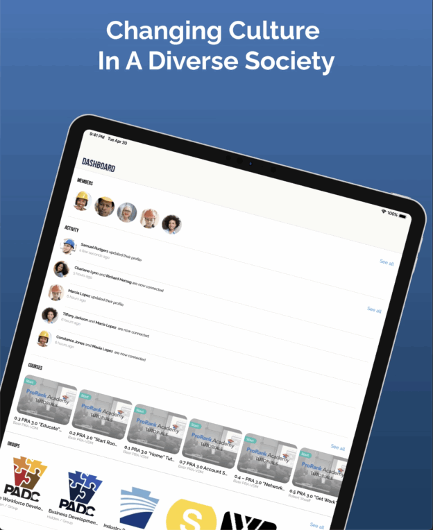 Screenshot of the PRA Mobile app dashboard showing recent member activity, available courses, and group icons, with the heading “Changing Culture In A Diverse Society” displayed above.